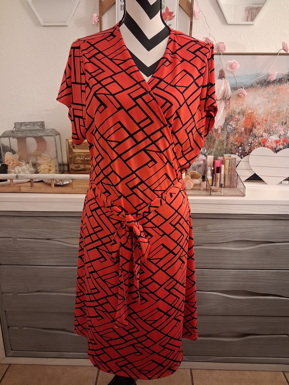 JustFab Red Wrap-Style Dress with Black Geometric Print